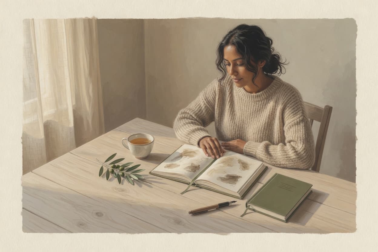 A woman writing in her journal at a sunlit table, with tea and an open Bible