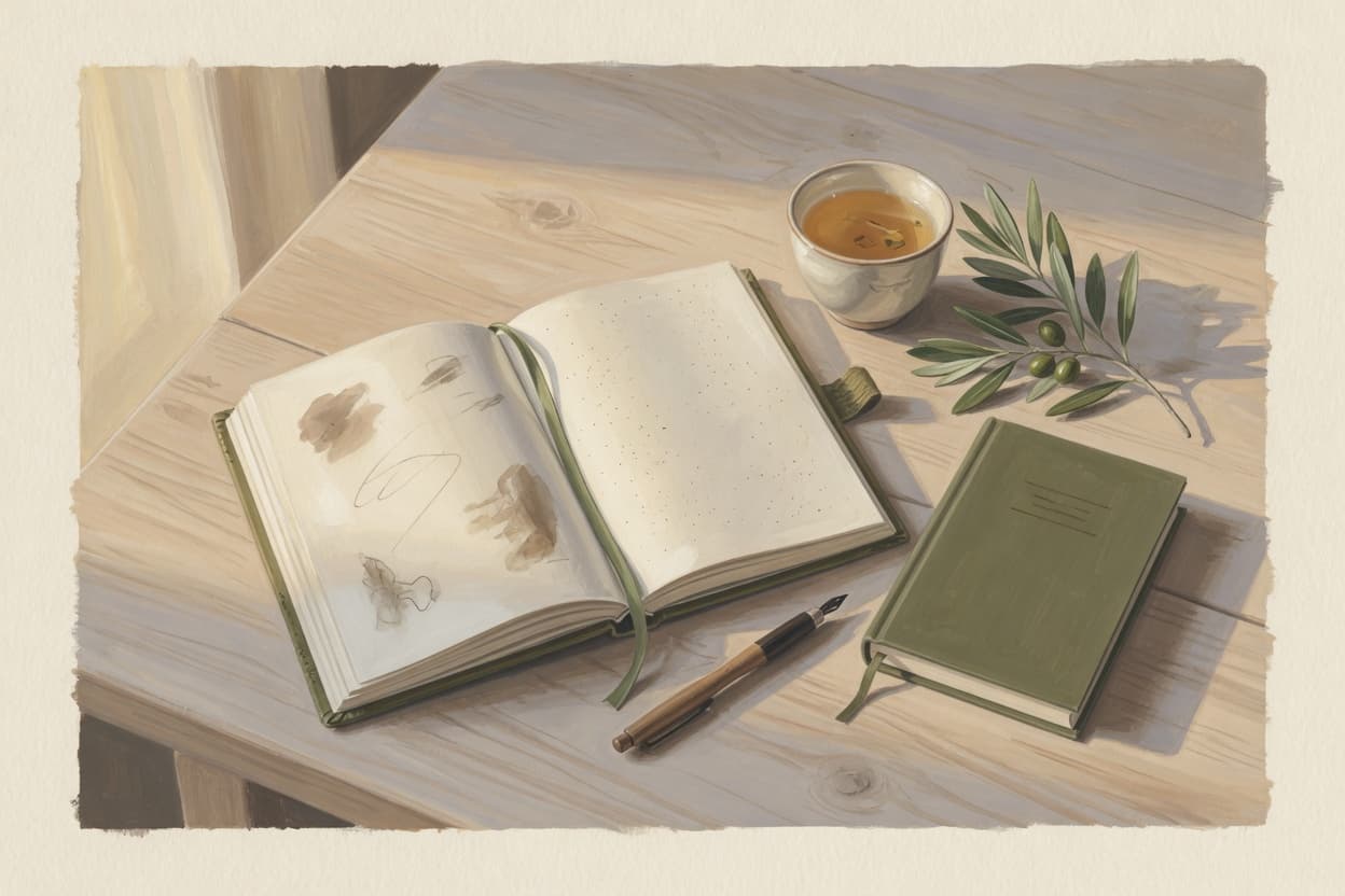 An open journal and pen beside a cup of tea and an olive branch on a wooden table