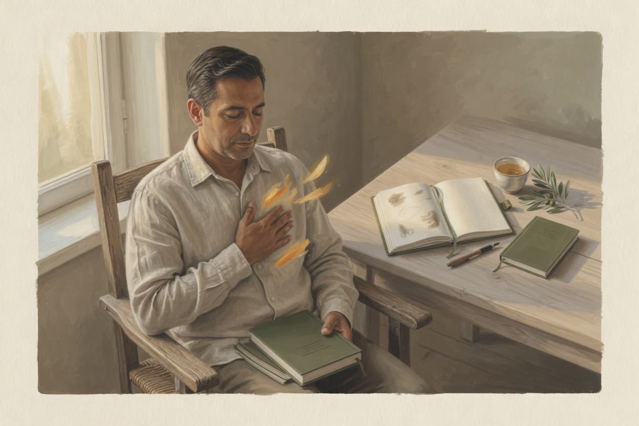 A man sitting with his eyes closed, holding a Bible against his chest