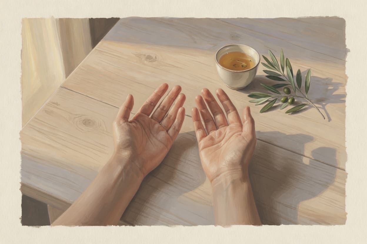 Two open hands resting palm up on a table beside tea and an olive branch