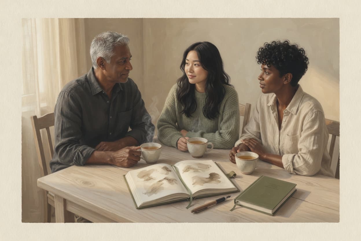 Three friends talking around a table with an open journal between them